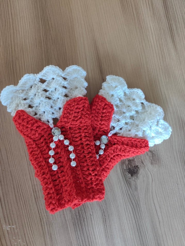 Dantel Detaylı Kırmızı Örgü Kadın Eldiveni - Görsel 3