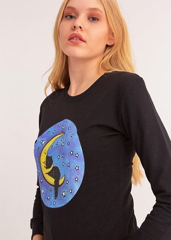 Diğer Siyah Baskılı Bisiklet Yaka Kadın Sweatshirt