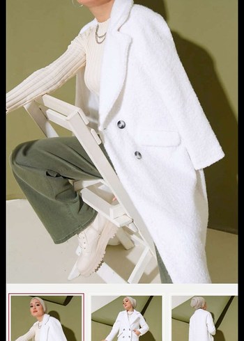 Çift Düğmeli Beyaz Uzun Kaban - Görsel 2