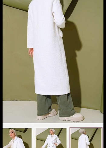 Çift Düğmeli Beyaz Uzun Kaban - Görsel 3