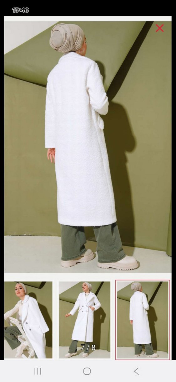 Çift Düğmeli Beyaz Uzun Kaban - Görsel 3