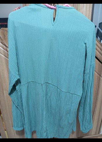 Uzun Kollu Düğmeli Turkuaz Keten Tunik - Görsel 4