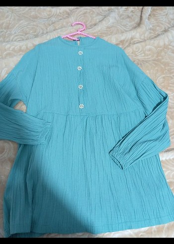 Uzun Kollu Düğmeli Turkuaz Keten Tunik - Görsel 3