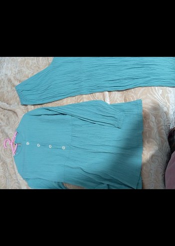 Uzun Kollu Düğmeli Turkuaz Keten Tunik - Görsel 2