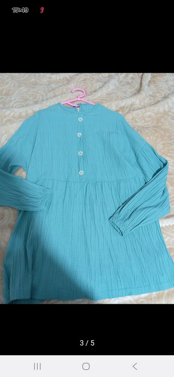 Uzun Kollu Düğmeli Turkuaz Keten Tunik - Görsel 3