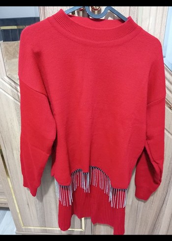 Kırmızı Rahat Örgü Kadın Mini Kazak - Görsel 2