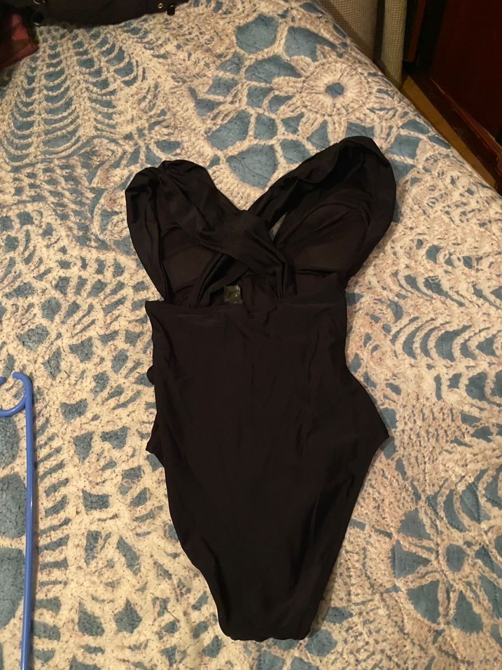 Drapeli Siyah Strappy Kadın Mayo - Görsel 2