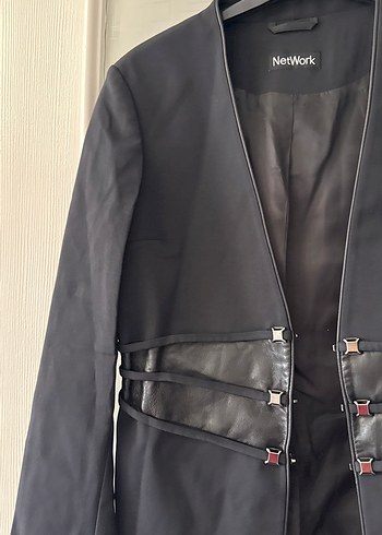 Kadın Siyah Deri Bantlı Blazer Ceket - Görsel 4