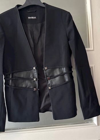 Kadın Siyah Deri Bantlı Blazer Ceket - Görsel 2