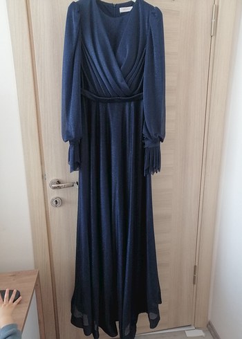 Uzun Lacivert Drapeli Kadın Elbise - Görsel 2