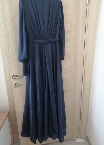 Uzun Lacivert Drapeli Kadın Elbise - Görsel 4
