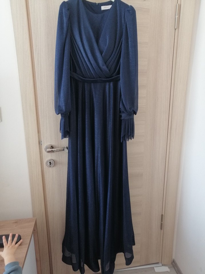 Uzun Lacivert Drapeli Kadın Elbise - Görsel 2