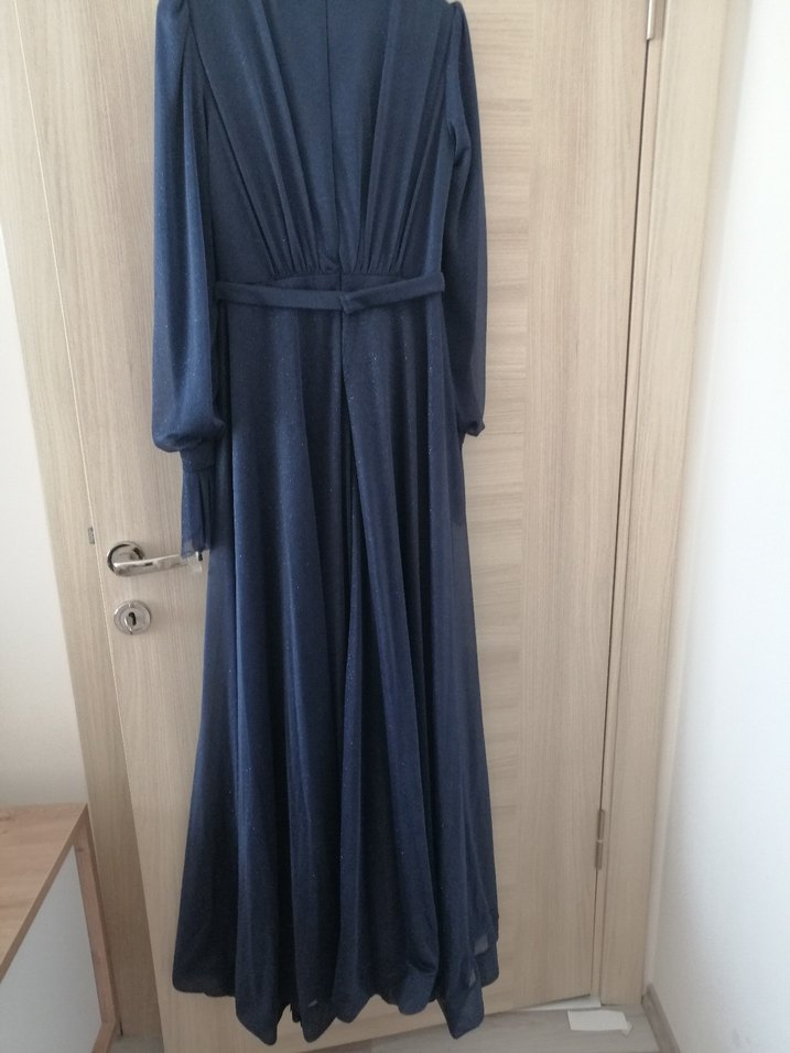 Uzun Lacivert Drapeli Kadın Elbise - Görsel 4