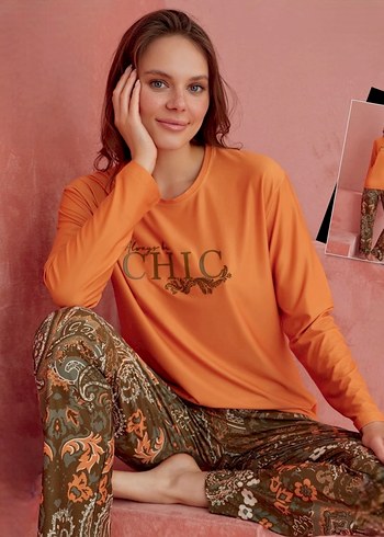 Bohem Tarzı Turuncu Uzun Kollu Mini Pijama Takımı