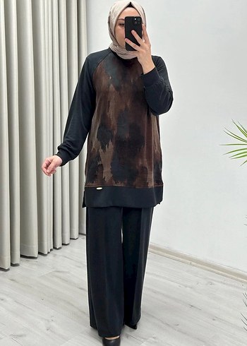 Bordo Bağlama Desenli Uzun Kadın Takım - Görsel 2