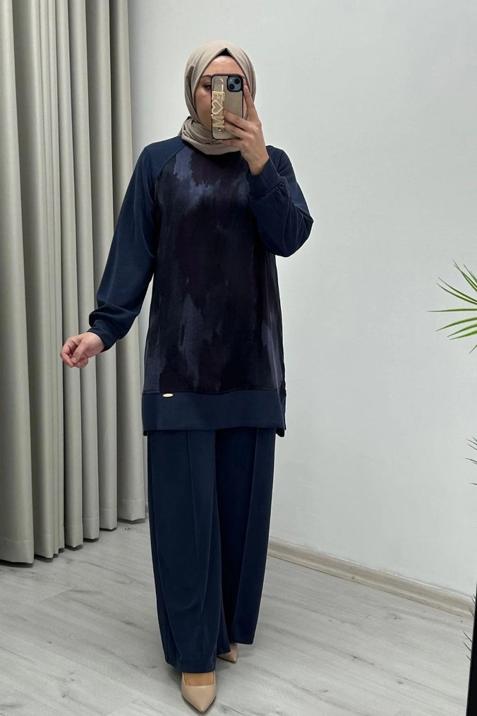 Bordo Bağlama Desenli Uzun Kadın Takım - Görsel 5