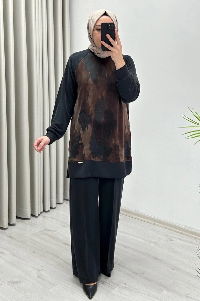 Bordo Bağlama Desenli Uzun Kadın Takım - Görsel 2