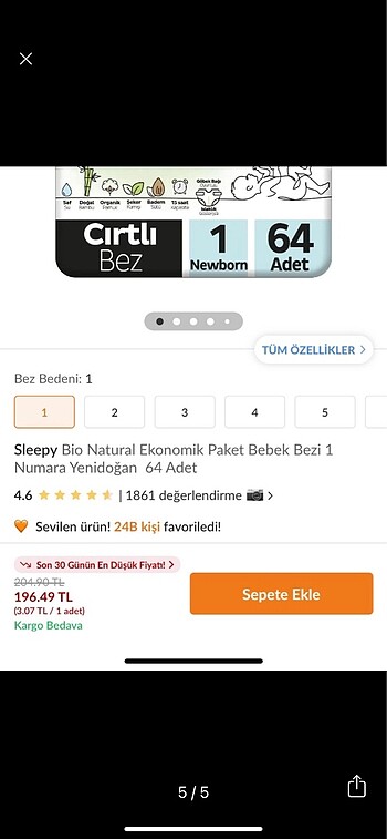 1 Beden: 2-5 kg Beden Sleppy yenidoğan bebek bezi 1 paket fiyatı. Elimde iki paket var