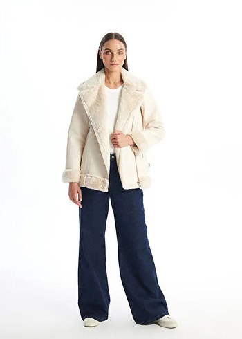 Beyaz Kürklü Midi Kadın Ceket - Görsel 3