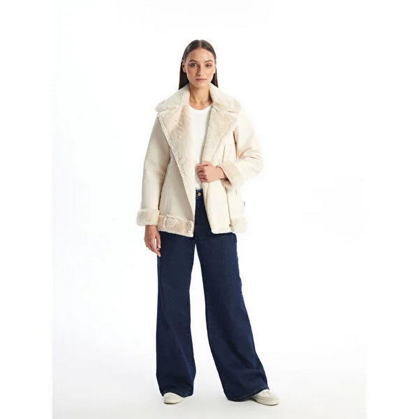 Beyaz Kürklü Midi Kadın Ceket - Görsel 3