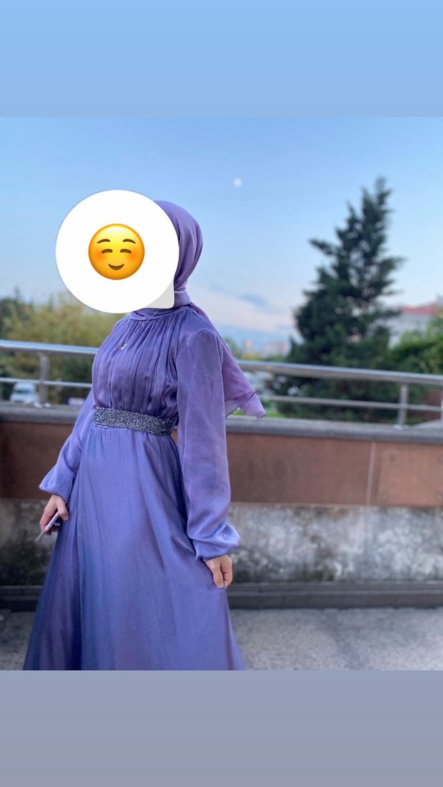 Uzun Kollu Mor Uzun Abiye Elbise - Görsel 2