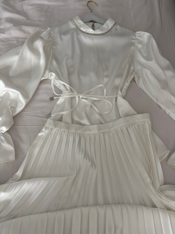 Beyaz Saten Yüksek Yakalı Uzun Kollu etekli takım Nikah için uyg - Görsel 3