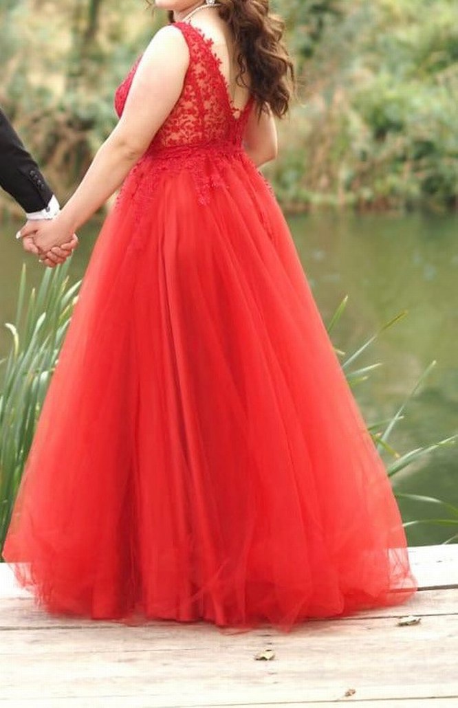 Kırmızı Uzun Dantel Detaylı Straplez Abiye Elbise - Görsel 2