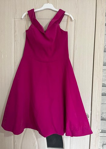 Parlak Pembe V Yakalı Midi Abiye Elbise - Görsel 2