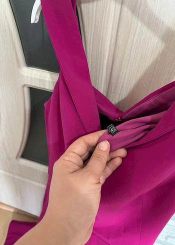 Parlak Pembe V Yakalı Midi Abiye Elbise - Görsel 4