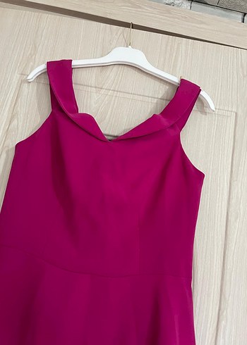 Parlak Pembe V Yakalı Midi Abiye Elbise - Görsel 3