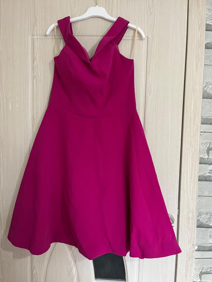 Parlak Pembe V Yakalı Midi Abiye Elbise - Görsel 2