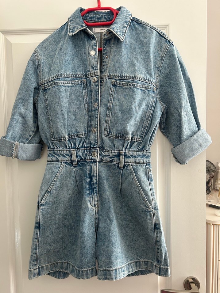 Kadın  Mango Mavi Denim Kısa Tulum - Görsel 2