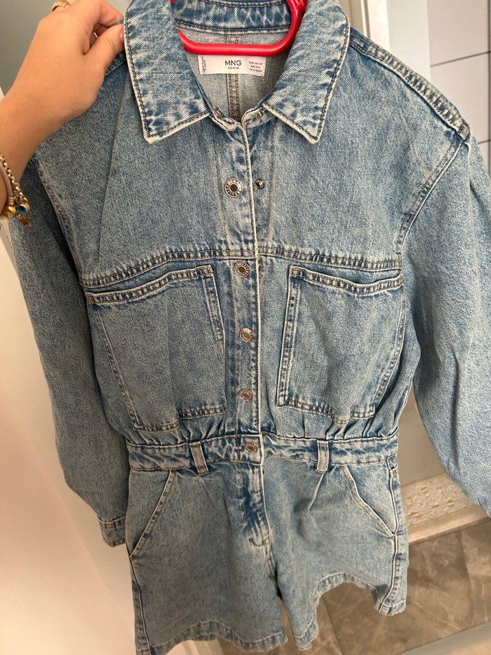 Kadın  Mango Mavi Denim Kısa Tulum - Görsel 5