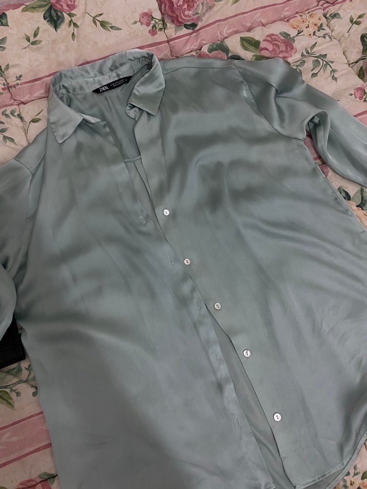 Zara V Yaka Pastel Renkli saten Kadın Gömlek - Görsel 4