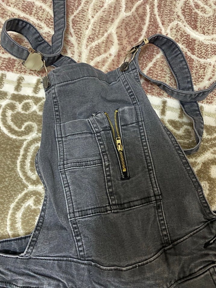 Gri Kadın Denim Askılı Tulum - Görsel 3