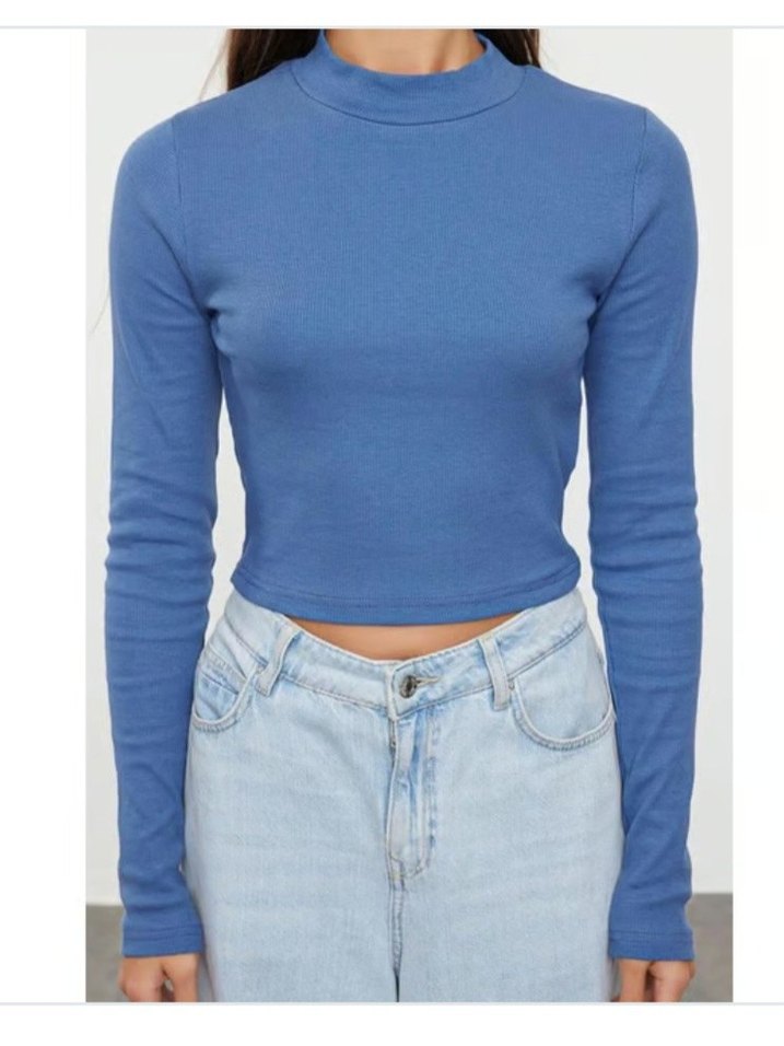 Mavi Kadın Balıkçı Yaka Uzun Kollu Bluz - Görsel 2