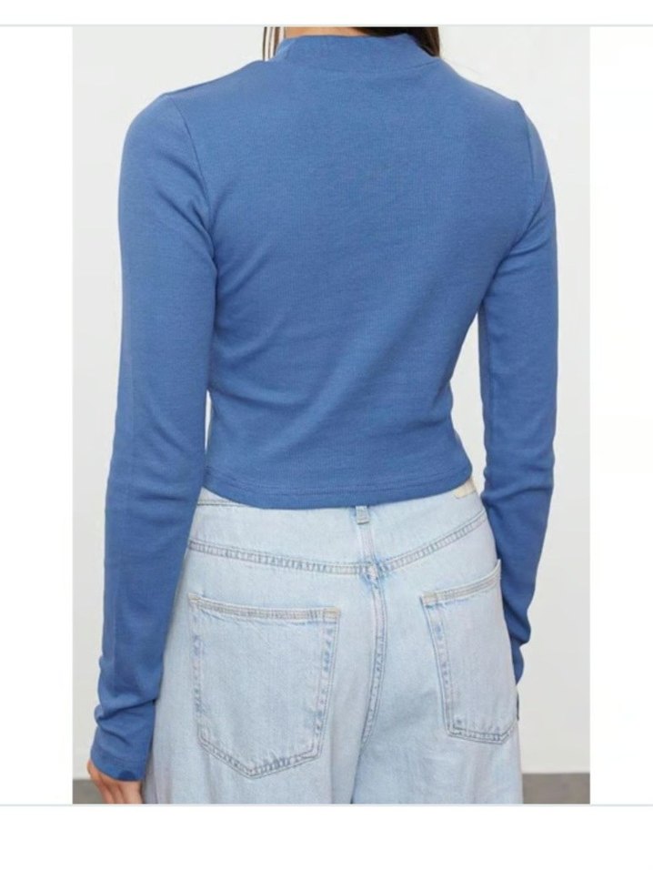 Mavi Kadın Balıkçı Yaka Uzun Kollu Bluz - Görsel 3