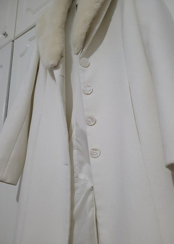 Kürklü Krem Kadın Klasik Kaban - Görsel 6