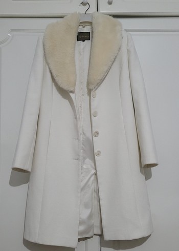 Kürklü Krem Kadın Klasik Kaban - Görsel 5