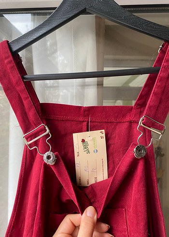 Kırmızı Keten Bol Kesim Kısa Tulum - Görsel 5