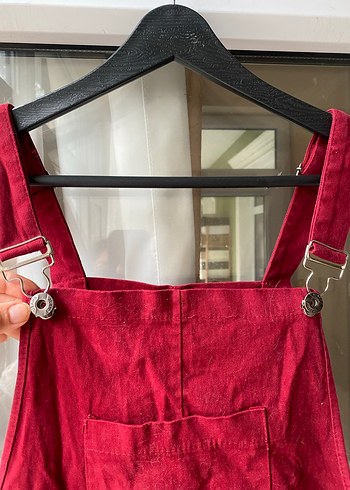 Kırmızı Keten Bol Kesim Kısa Tulum - Görsel 4