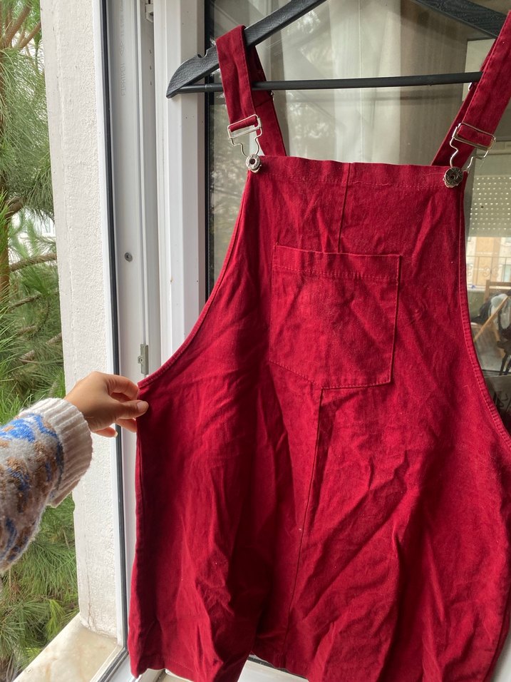 Kırmızı Keten Bol Kesim Kısa Tulum - Görsel 3