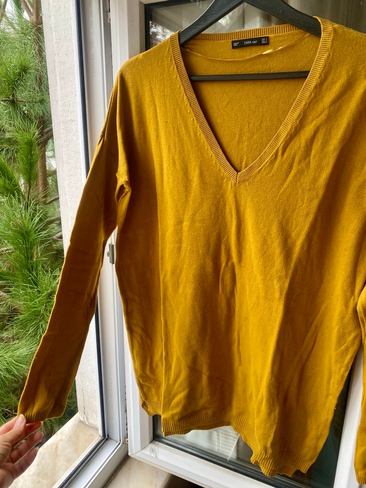 Hardal V Yaka Kadın Triko Kazak - Görsel 3