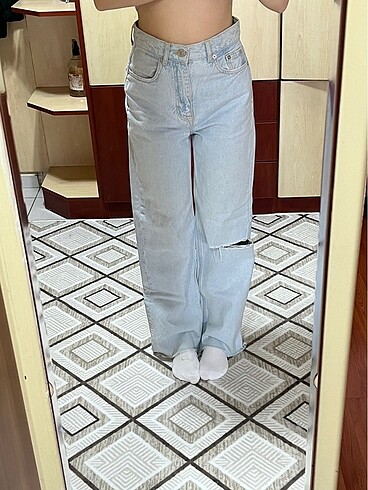 pull bear yüksek bel açık mavi straight wide leg jean