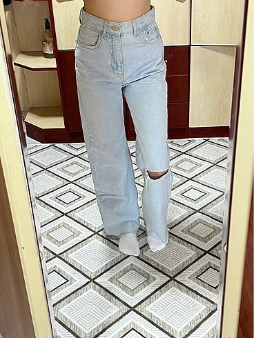 Pull and Bear pull bear yüksek bel açık mavi straight wide leg jean