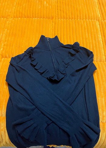 Dilvin Fırfırlı Yüksek Yakalı Kadın Mavi Kazak - Görsel 3