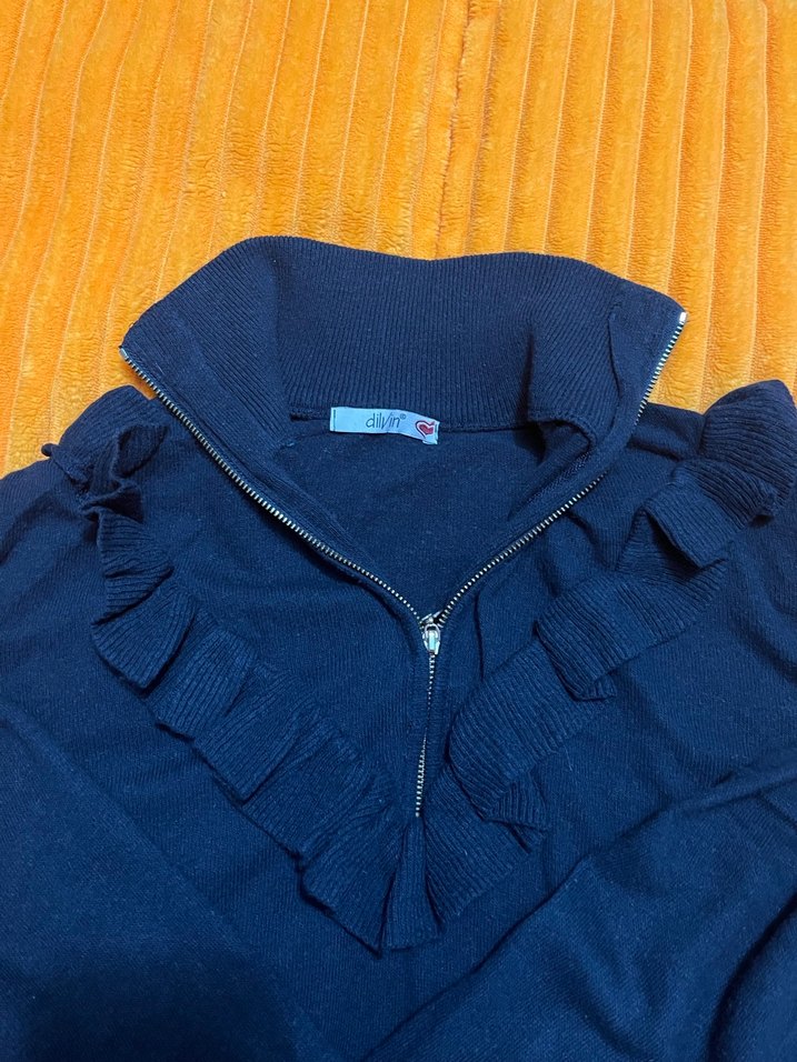 Dilvin Fırfırlı Yüksek Yakalı Kadın Mavi Kazak - Görsel 2