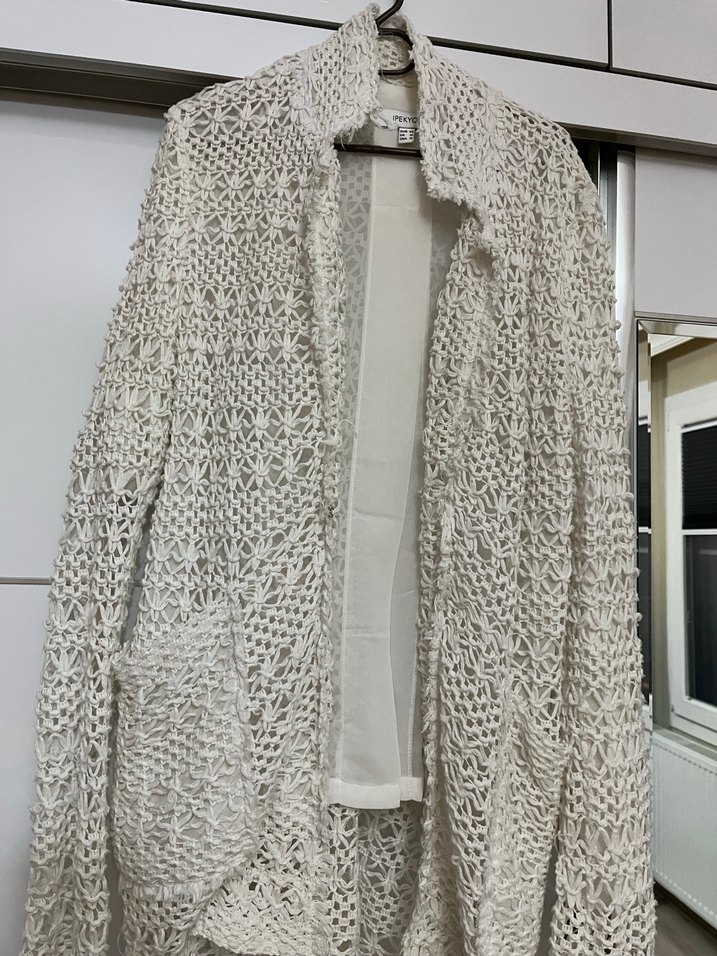 Bej Örgü Kadın Hırka, Uzun Kollu, Bohem Tarz - Görsel 4