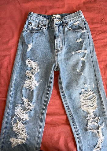 36 Beden PULL & BEAR Kadın Mavi Yırtık Denim Pantolon
