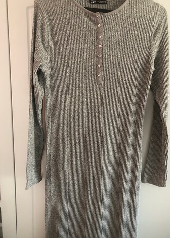 Gri Uzun Kollu Düğmeli Triko Elbise - Görsel 2